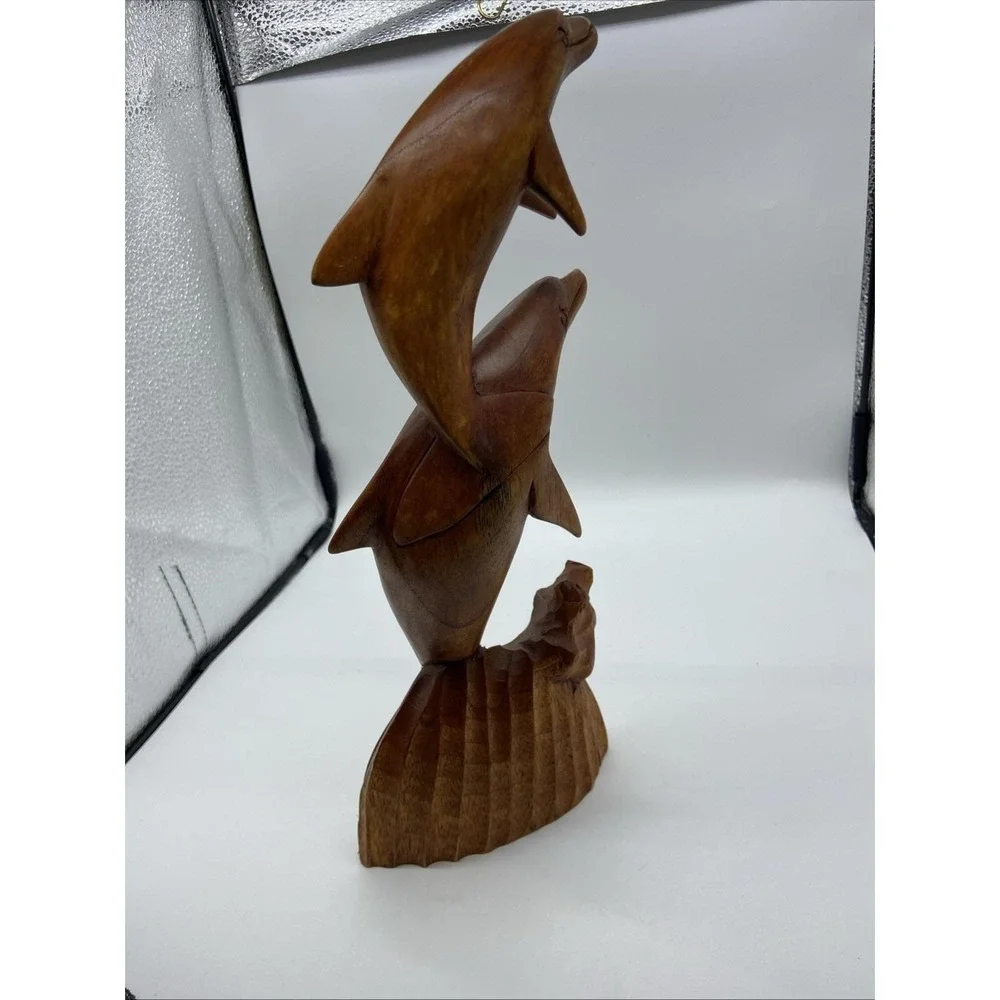 Vintage Hand Carved Wood Dolphin Sculpture Double Leaping Dolphin Nautical Decor